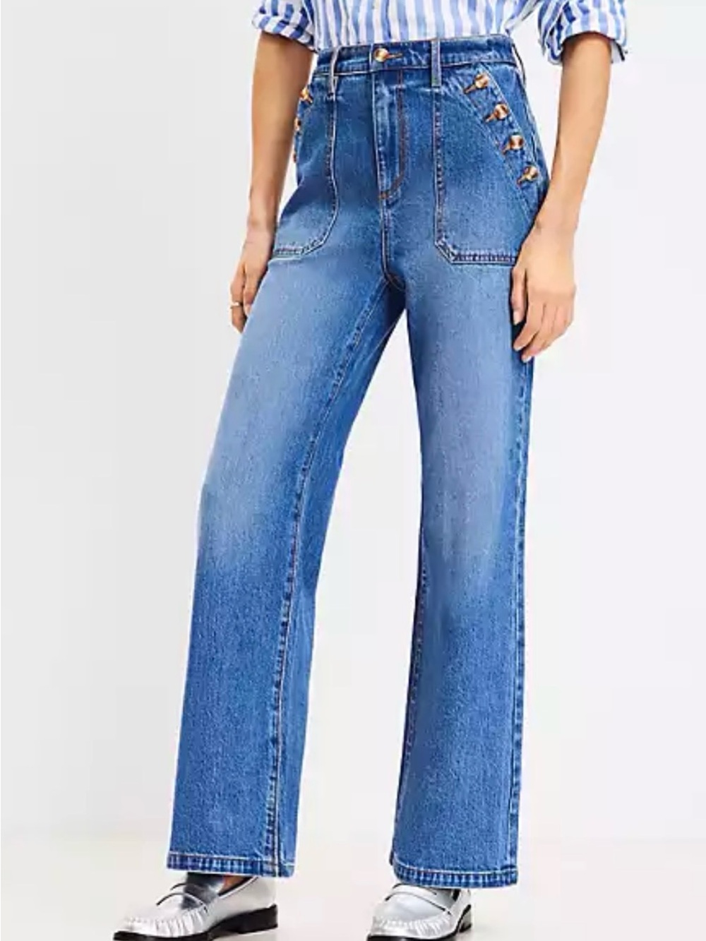 Loft Petite Curvy Mariner High Rise Wide Leg Jeans In Vivid Light Indigo Wash